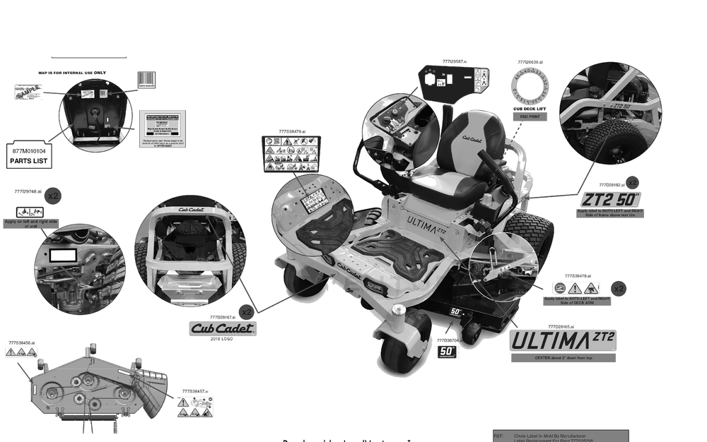 Label Map Diagram and Parts List for ZT2-50KW (17TIEAC2010)(2023) Cub Cadet Lawn Tractor